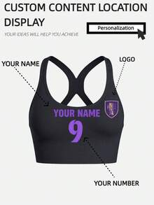Bra Olahraga Wanita dengan Desain Kustom Gaya Piala Dunia Sepak Bola, Cetak Nama & Nomor yang Dipersonalisasi, Atasan Pakaian Olahraga Aktif untuk Kebugaran. - Navy Blue - View 3