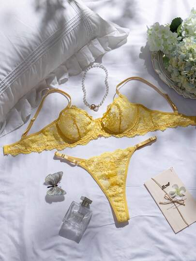 2pcs Set Bright Yellow Lace Bra Set, Featuring Delicate Floral Lace And Semi-Sheer Mesh, Adjustable Straps And Matching Panty, Comfortable And Flattering For Daily Wear Or Dates, Showcasing Vibrant And Feminine Charm.