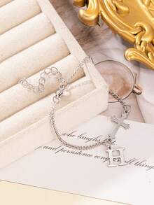 1 pieza Pulsera con inicial A-Z y dije de cruz, pulsera de letra de acero inoxidable ajustable, joyería unisex para adolescentes, regalo de amistad, uso diario - Multicolor - Ver 3