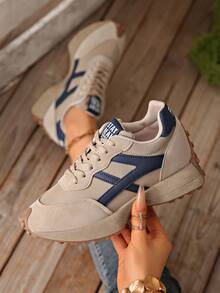 女士舒适系带跑步鞋 - 轻便、四季皆宜、耐用防滑橡胶鞋底 - 卡其色 - 查看 2