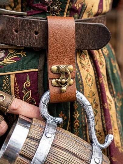 1PC Medieval Vintage Faux Leather Belt Mug Holder, Retro Western Cowboy Waist Cup Hanger, Rustic Outdoor Drink Cup Buckle Accessories For LARP Costume (No Mug)