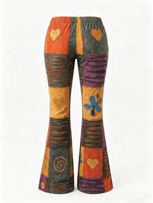Pantalon évasé à imprimé bohème aléatoire pour préadolescentes, pantalon décontracté vintage hippie à taille élastique, tenue de rue rétro décontractée Y2K - Multicolore - Voir 7