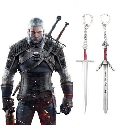 Wild Wolf Hunter Keychain, Geralt's Lake Sword, White Wolf Witcher Double Wolf Head Rapier Weapon Model, Anime Accessories