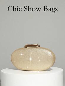 French Style Glitter Oval Clutch Bag, Niche Design Luxury Evening Box Purse For Women, Chic Party Handbag - Gold - View 2