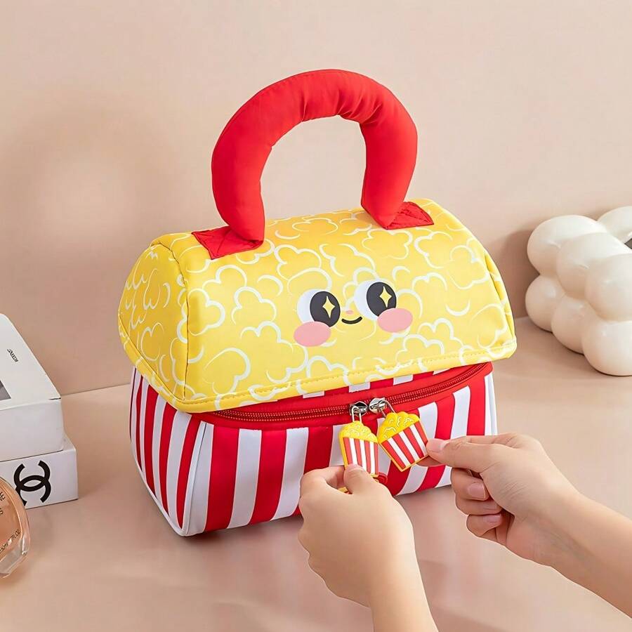 (2 Styles) Cute Wooden House Shaped Portable Cosmetic Bag, Thick Large Capacity Soft Handheld Toiletry Pouch