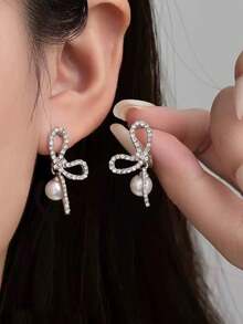1 pereche cercei eleganți cu perle artificiale și delicate, la modă, de lux, potriviți pentru ținute casual zilnice, petreceri și adunări pentru femei - Argint - Vizualizare 2
