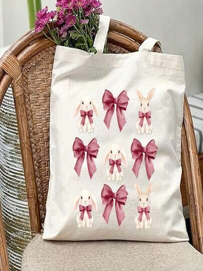 This Stylish 2D Flat Tote Bag Is Versatile And Makes A Perfect Gift For Women. This Large-Capacity Tote Features A Fashionable And Simple Design With A Bunny And Bow Pattern, Making It Ideal For Outdoor Picnics And Travel.