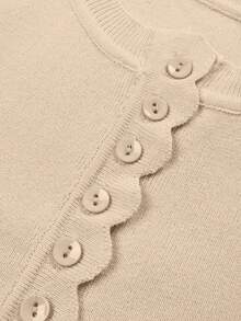 2pcs Women Short Sleeve Round Neck Multi-Button Knit Cardigan Top Paired With Elastic Waist Slim Fit Casual Shorts, Spring Everyday Outfit - Apricot - View 5