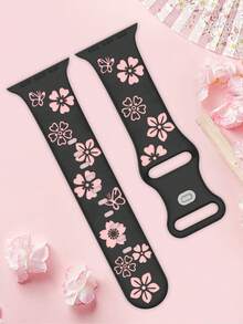Dây đeo đồng hồ chạm khắc hoa, tương thích với Apple Watch 41mm 40mm 44mm 45mm 42mm 38mm 49mm 46mm, hoa dễ thương, dây đeo thể thao bằng silicon mềm mại tương thích với Apple Watch Series 11 10 SE 9 8 7 6 5 4 3 Ultra, dây đeo đồng hồ thời trang nữ họa tiết hoa, tương thích với dây đeo . - LD004 Họa tiết hoa - Đen và Hồng - Xem 6