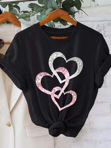 MPLSL|Silvery pink heart-shaped pattern print This product is designed as a printed pattern, rhinestones sequins are only used for visual effect T-shirt short-sleeved round neck casual tops summer spri - Negro - Ver 1