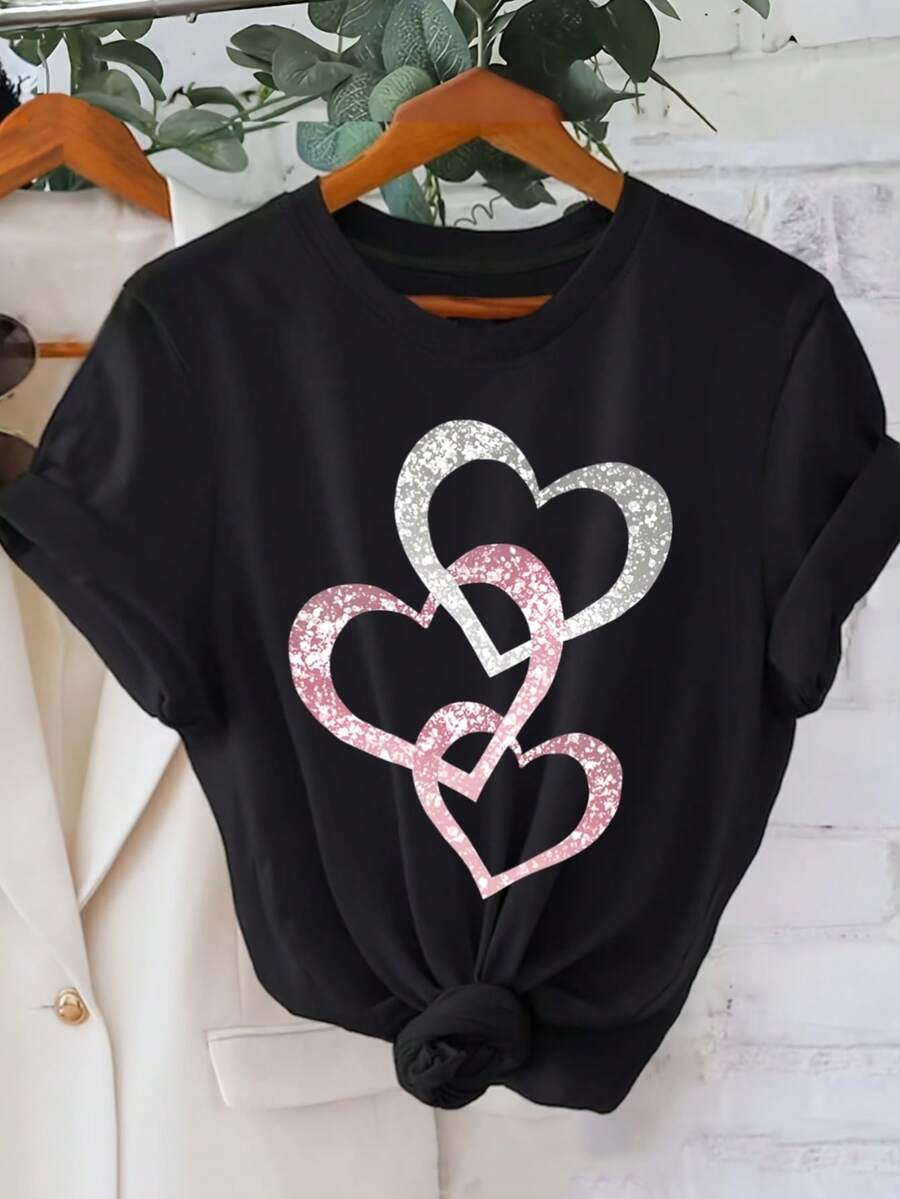 MPLSL|Silvery pink heart-shaped pattern print This product is designed as a printed pattern, rhinestones sequins are only used for visual effect T-shirt short-sleeved round neck casual tops summer spri - Negro - Ver 1