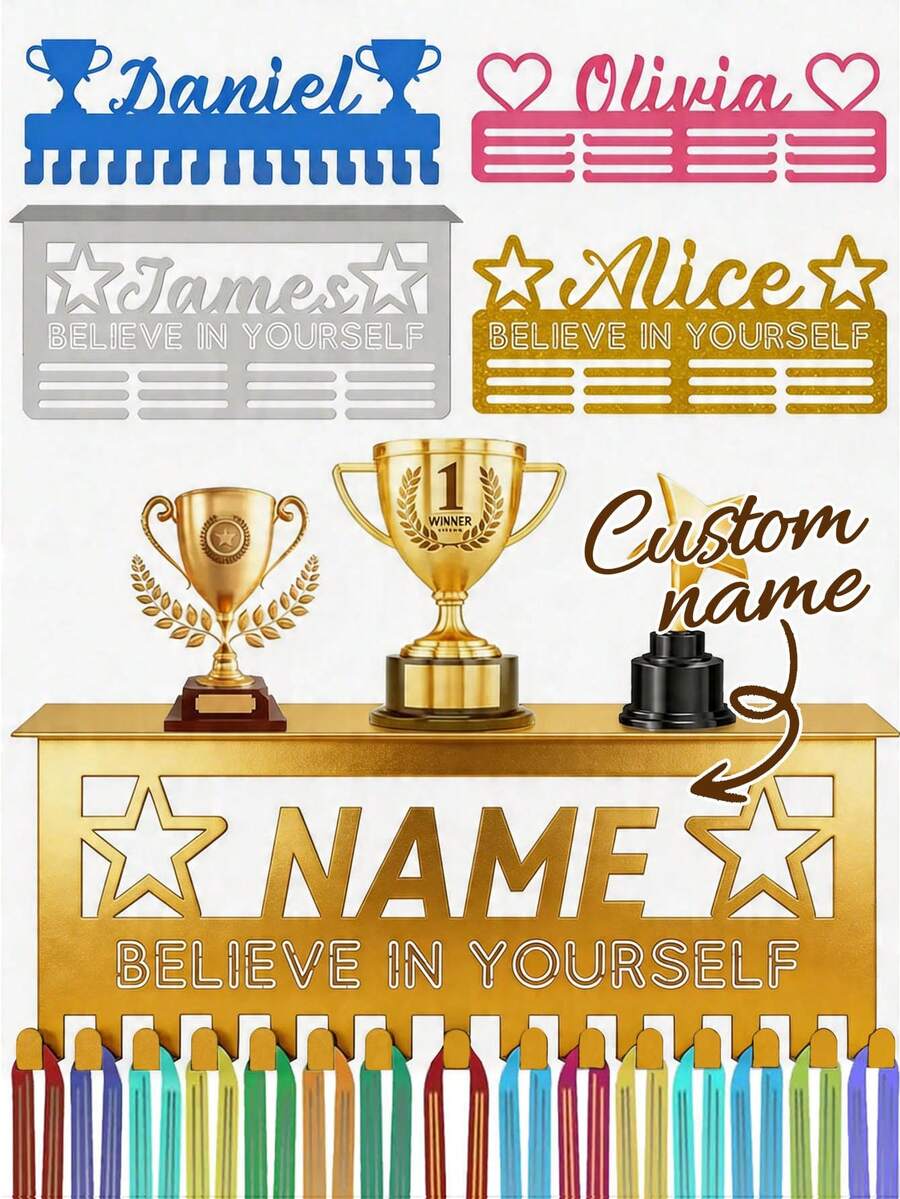 Tempat Medali Personalisasi dengan Nama, Rak Medali Kustom, untuk Pita Penghargaan, Hiasan Dinding, Sepak Bola, Lari, Senam, Hadiah Kustom, Pajangan Olahraga, Rak Medali Logam, Pajangan Medali, Hadiah Penghargaan, Gantungan Medali Personalisasi - MultiWarna - View 1