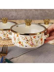 Bộ 3 món gồm: bình sữa tráng men có vành trang trí, bát tráng men, nồi súp tráng men, nồi nhỏ tráng men, nồi tráng men dày dặn, nồi tráng men có nắp, thích hợp cho bếp từ và bếp ga. - Xem 5