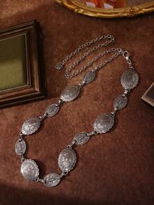 1pc Oval Carved Metal Waist Chain, Antique Silver High-End Waist-Cincher Chain Belt For Spicy Girl Dress Decoration - Silver - View 6