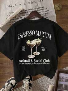 Casual Women's Retro-Style T-Shirt With Colorful Text Cocktail Print, Loose Fit, Round Neck, Short Sleeves, For Spring And Summer, Everyday Wear. - 黑色 - 查看 2