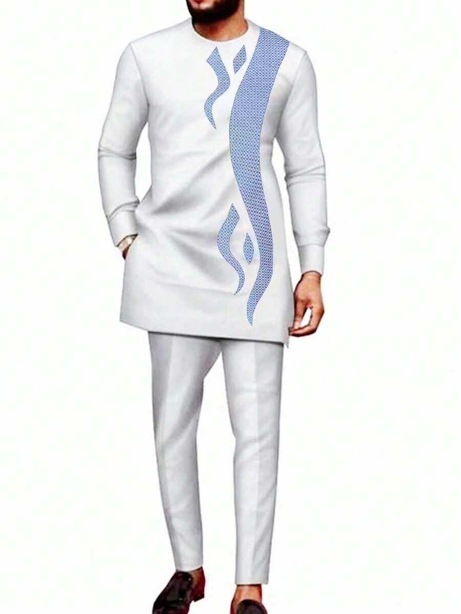 New Kaftan African Style Men 2-Piece Set, Long Sleeve Solid Color Top And Pants Suit, Elegant For Business, Party, Wedding - Grey - View 1