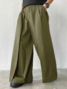 Niche Design Multi-Panel 2 In 1 Men's Loose Japanese Style Oversized Wide Leg Pants, Boyfriend Gifts,Christmas Gifts, Fall - 軍綠色 - 查看 4