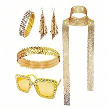 70s Disco Costume Accessories Set: Sequin Headband, Fashion Glasses, Necklace, Earrings, Rhinestone Scarf, Diamond Bracelet - Glasses + Hairband + Necklace + Earrings + Bracelet - View 2