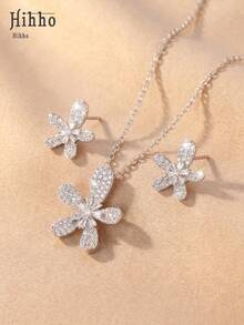 Hihho 3pcs/Set Spring Romantic Cubic Zirconia 5-Petal Flower Jewelry Set: Necklace + Earrings, Floral Design Elegant And Versatile For Daily, Dating, And Gathering Occasions - Five-petal Flower - View 4