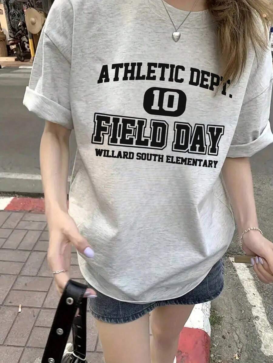 新款Y2K风格女式夏季上衣，复古设计英文字母印花圆领短袖T恤休闲款 - 淺花灰 - 查看 1