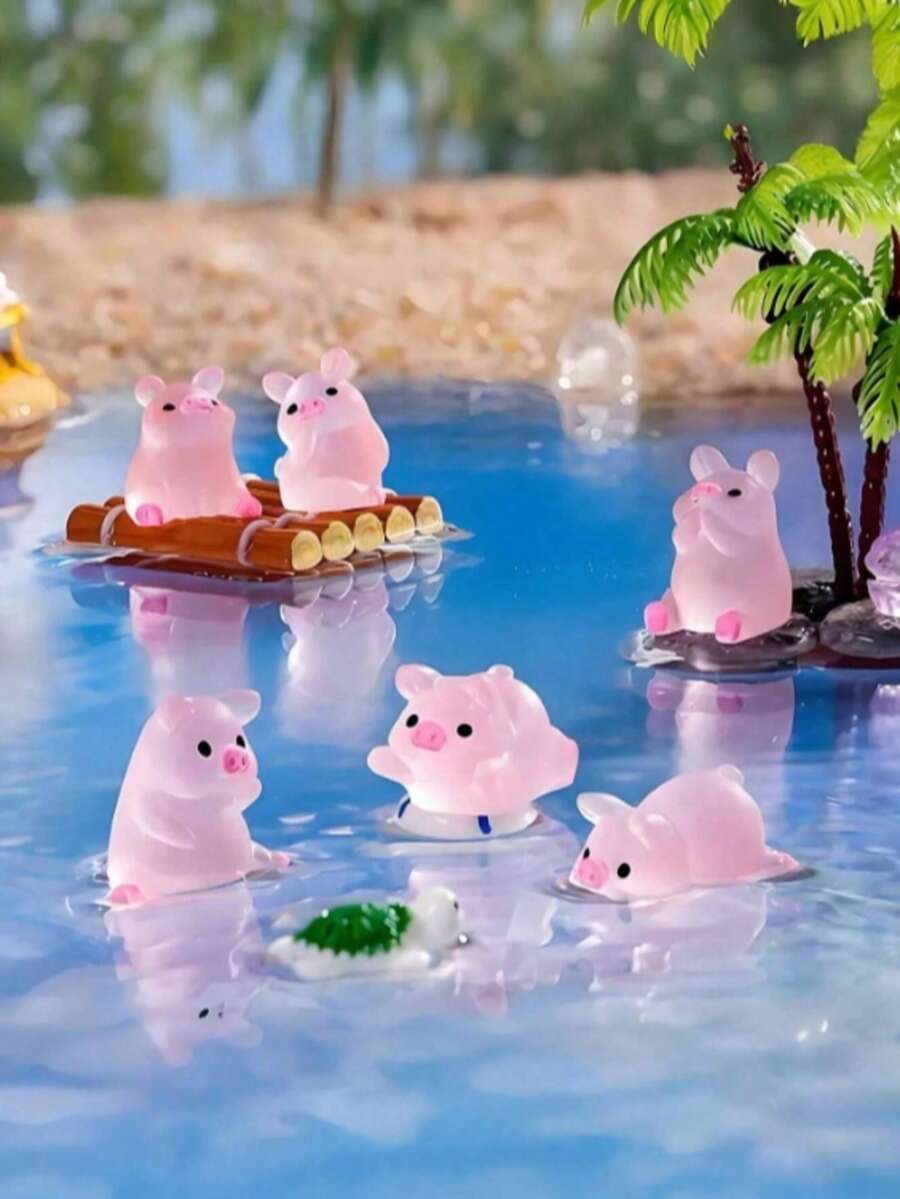 Glow In The Dark Cute Pink Pig Figurines, Mini Resin Pig Miniatures With Multiple Adorable Styles (Swimming, Sitting, Rafting, Lying), Waterproof Luminous Pig Ornaments With Frosted Matte Texture, Durable Resin Statues For DIY Micro Landscape - One Size - View 1