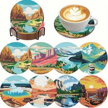 8件套DIY钻石画杯垫套装 - 风景设计，圆形闪亮钻石，强力背胶，全套工具，适合初学者，减压手工，新年、情人节、圣诞节、教师节礼物，家居装饰杯垫，送给家人、朋友、女朋友、老师 - 彩色 - 查看 2