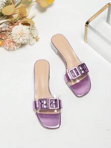 European And American Style Purple Metal Square Buckle Transparent Strap Crystal Chunky Heel Slide Sandals For Women, Summer - Purple - View 5