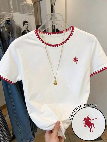 女士经典红色撞色马匹标志印花办公/通勤装，休闲圆领短袖简约T恤，夏季款