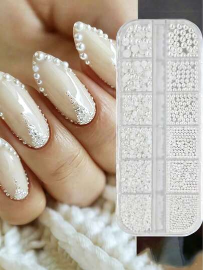 12格圆形白色珍珠美甲饰品，鱼子酱珍珠，半圆形珍珠宝石，DIY美甲装饰，美甲用品