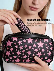 This 2-In-1 Folding Comb With Mirror And Massage Function, Printed With Cute Star, Heart, Sunflower And Colorful Flower Patterns. Portable And Lightweight, Perfect For Daily Commute, Business Trip, Travel, Outdoor Activities, Dating And Student Dorm Use, A Convenient And Practical Hair Styling Tool. - Black - View 6