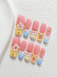10Pcs Sweet Girly Style Handmade Nail Art Set,Unghie Press On,Starfish, Chain Nail Art Accessories,Hand Pinched Five Petal Flower Nail Art Decorations,Yellow And Blue Nail Polish,Cute And Exquisite Style,Comes With Nail Tools(1 Sheets Jelly Stickers+1PC Nail File)3 Sizes Available,Almond Nails, Duck Nails,Coffin Nails,Suitable For Reunion,Daily,Party,Photograph,Play,Spring Summer,Commute Supplies Nails - 彩色 - 查看 14