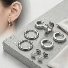 4对高品质低过敏性不锈钢耳环套装，男士休闲简约百搭耳环，黑/银色 - 4對耳環耳環套裝 - 查看 2