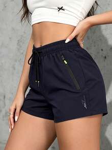 Women's Casual Sports Shorts, Elastic Waist With Drawstring, Suitable For Running, Sports, And Casual Wear In Summer - Navy Blue - View 2