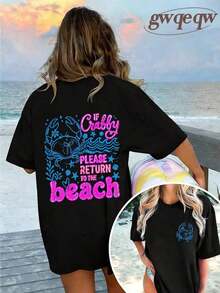 2026 Tropical Vacation OutfitsIf Crabby Please Return To The Beach Double Sided Crab Graphic Tee, Coastal Aesthetic Graphic Tees Women, Summer Fits F - 黑色 - 查看 10