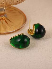1Pair New Arrival Retro Simple Elegant Green Resin Stud Earrings For Women Fashion Cute Geometry Jewelry Accessories Gifts - Multicolor - View 6