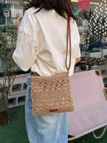 夏季时尚百搭休闲手工编织大容量沙滩草编斜挎包 - 卡其色 - 查看 6