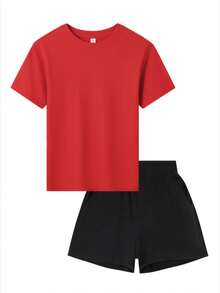 This Two-Piece Disney Minnie Mouse Print T-Shirt And Shorts Set Is Perfect For Teenage Girls. The Cute Design And Heart Print Create A Stylish And Casual Look, Ideal For Holiday Gifting. (Disney T-Shirt/Teen Girl Clothes/2 Piece Summer Outfit/Holiday Outfits For Women/Girls Clothes/Coords Sets Women Summer/Patterned T-Shirt) - 紅色 - 查看 2