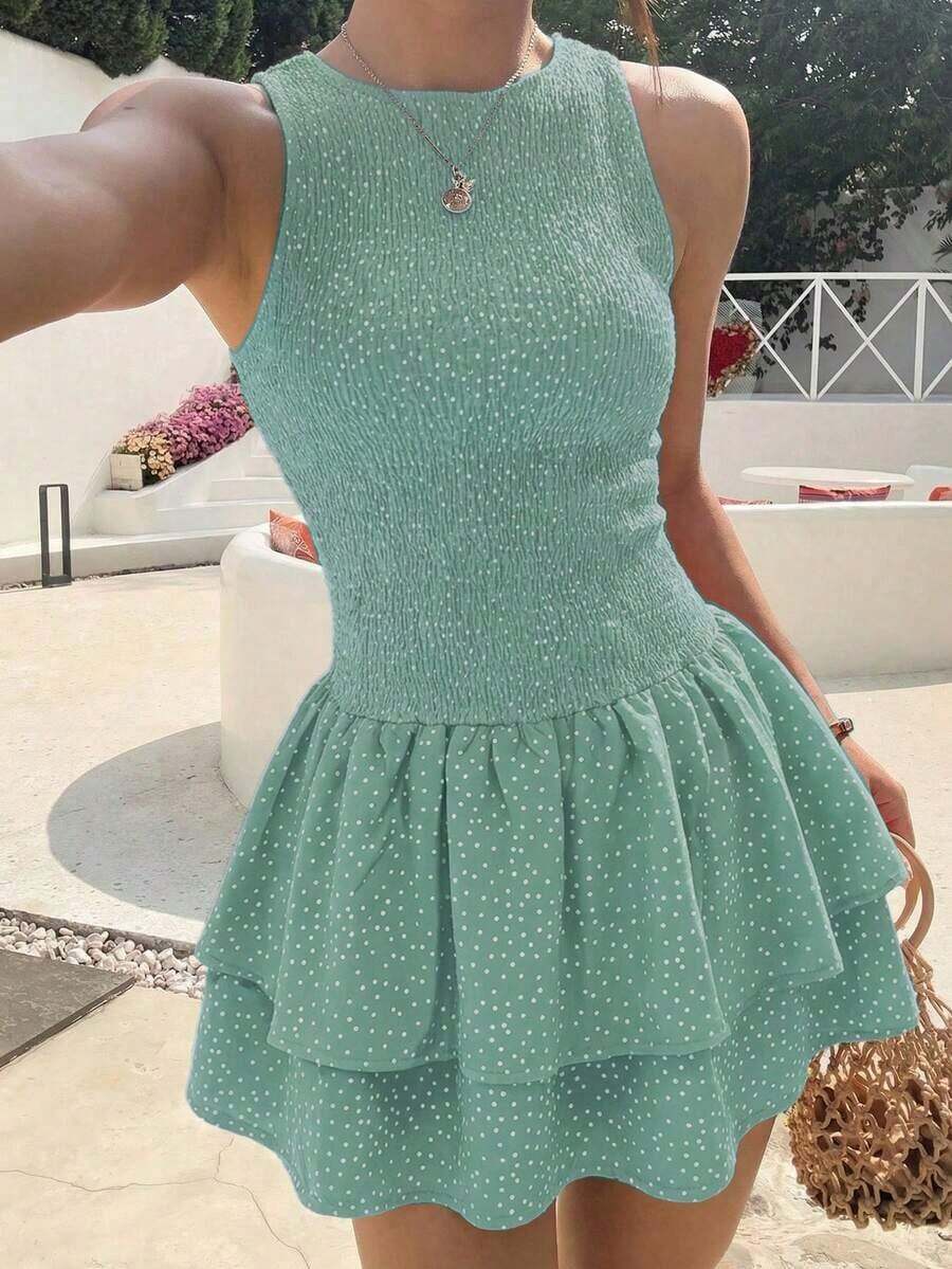 Vestido mini ajustado sin mangas a cuadros azules, estilo francés dulce para vacaciones, primavera/verano - verde menta - Ver 1