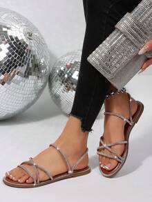Minimalist Lightweight Round Toe Criss-Cross Strap Solid Color Glass Rhinestone Slip-On Sandals, Women Summer New Style Flat Sandals Suitable For Dresses, Fairy Style Two-Way Wear - Gold - View 6