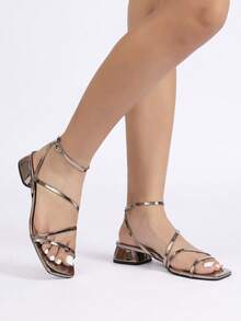 Giày sandal nữ mũi vuông, gót dày, hở mũi, quai cài, kiểu dáng tối giản, thanh lịch, thích hợp cho kỳ nghỉ. - Xám - Xem 3