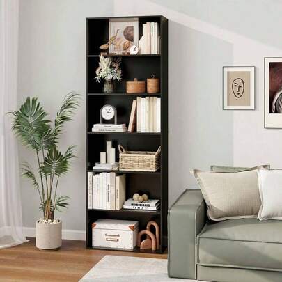 70" Tall 6-Tier Bookcase With 6 Open Shelves Anti-Toppling Kits For Living Room Brown/Black/White