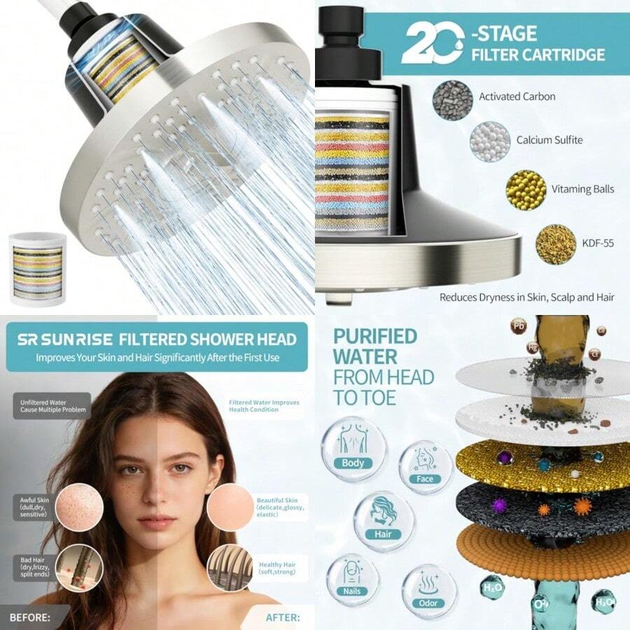 Cabezal de ducha filtrado de 20 etapas cabezal de ducha de alta presión de 7 pulgadas con cartucho de filtro fácil de reemplazar filtro de cabezal de ducha para agua dura - cepillado nquel - Ver 1