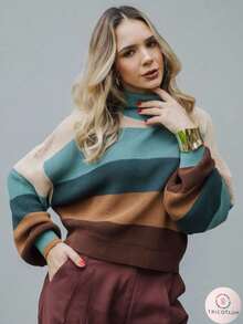 Women's Striped Knit Turtleneck Blouse, Elegant Ribbed Knit, Winter Fashion - 棕色/米色/綠色/沙色 - 查看 1