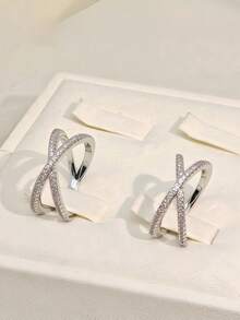 1 chiếc nhẫn nữ thiết kế thanh lịch, bản rộng, hình chữ X, đính đá Zirconia, mạ vàng đồng, chất lượng cao. - Bạc - Xem 1