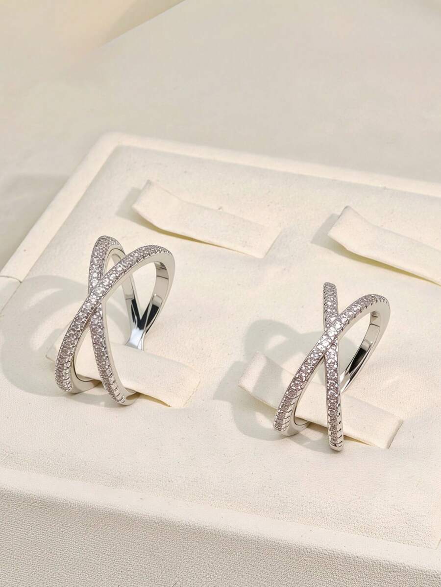1 chiếc nhẫn nữ thiết kế thanh lịch, bản rộng, hình chữ X, đính đá Zirconia, mạ vàng đồng, chất lượng cao. - Bạc - Xem 1