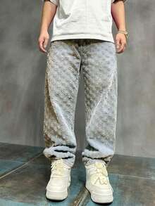 Plus Size Men's Personalized Crochet Denim Jeans - Champagne - View 5