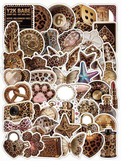 50 piezas Pegatinas con estampado de leopardo Y2K, con elementos de mariposa/leopardo/lápiz labial/cámara, etc. Calcomanías decorativas impermeables de PVC para funda de teléfono, botella de agua, portátil, diario, equipaje, guitarra, suministros para scrapbooking, accesorios de escritorio de oficina, decoración de oficina, decoración de habitación, pegatinas lindas