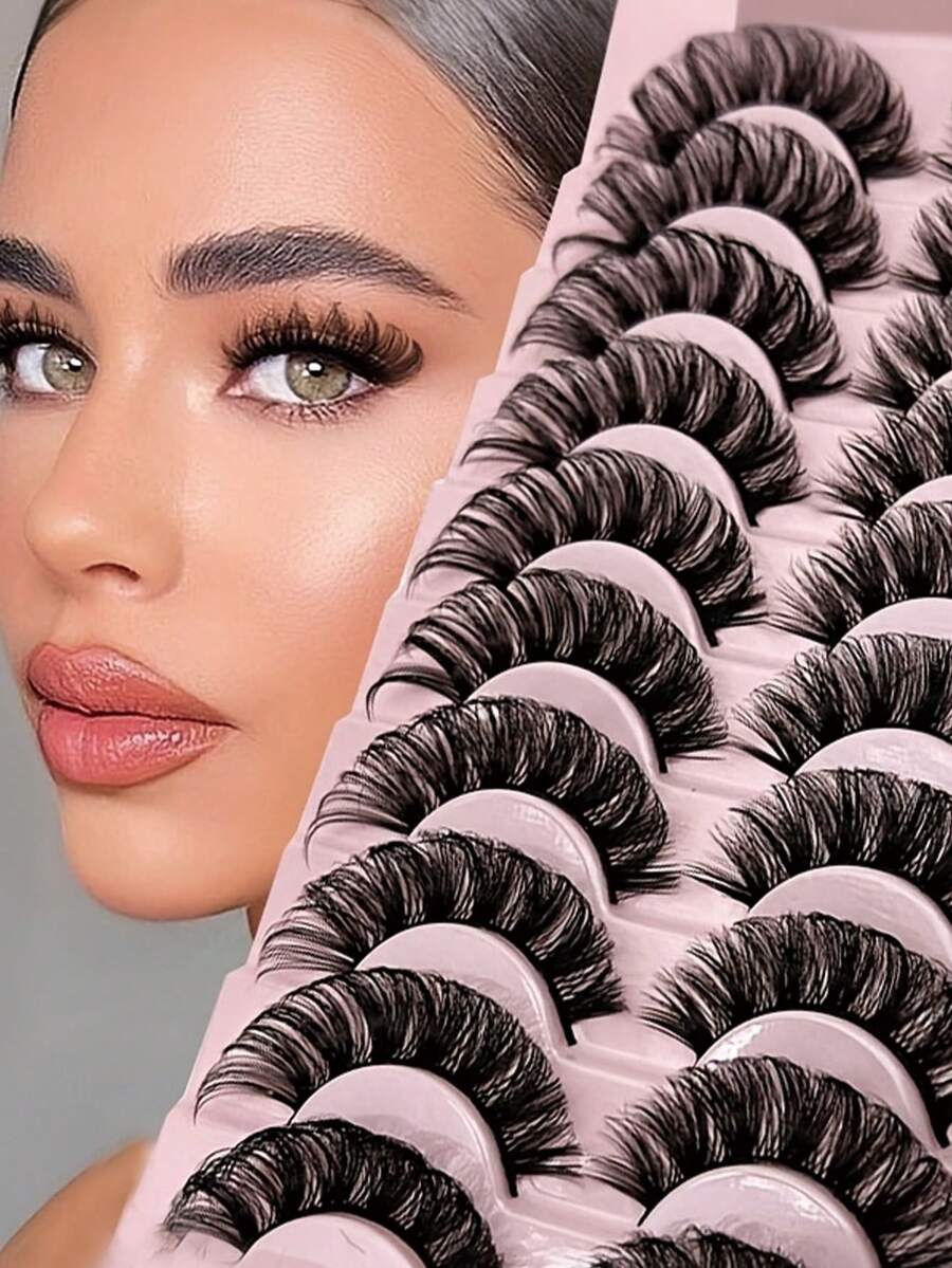10 Pairs Natural-Looking & Long-Lasting Full Strip False Eyelashes, Realistic DD Curled Lashes