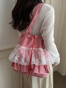Casual Minimalist Plaid Drawstring Pleated Hem Large Capacity Tote Shoulder Bag, Women Pleated Hem Shoulder Bag - Multicolor - View 6