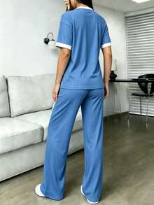 Set de 2 piezas para mujer con camiseta de manga corta de unicolor y pantalones con cordón en la cintura, estilo casual - Azul - Ver 2